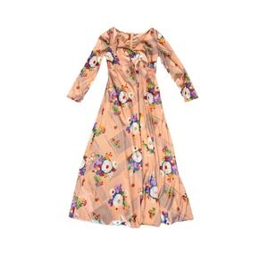 Vintage Mrs Roper Floral Hawaiian Long Dress 70s 60s Peach Sheen Size Medium?